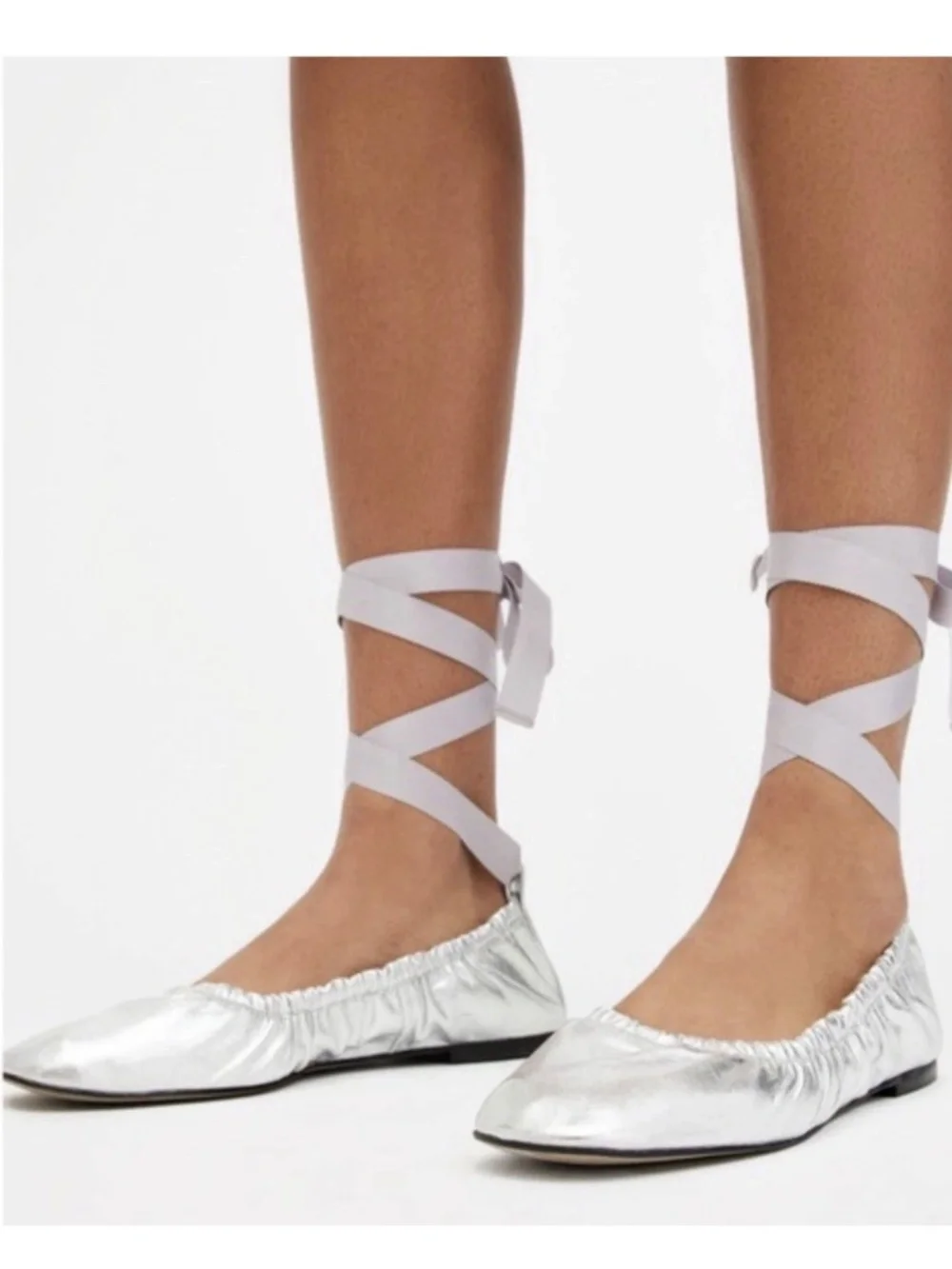 $299+ NWB AllSaints Alia Silver Metallic Leather Ribbon Ballet Sz 41/US 10.5